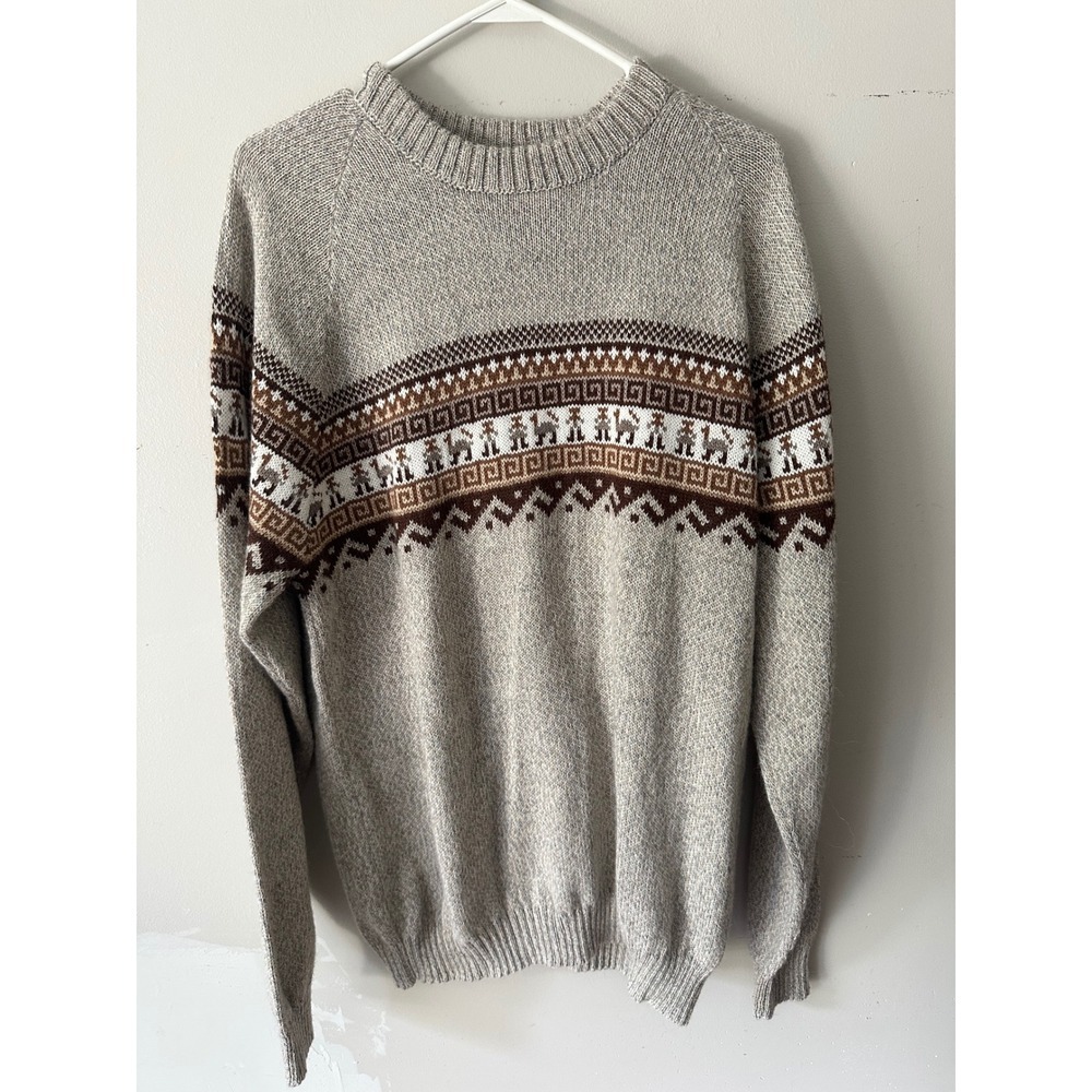 Vintage Peruvian Alpaca Wool Llama Sweater Grey Beige Fair Isle Knit XXL Medium